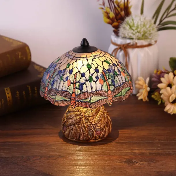 Dragonfly Table Lamp, Resin Handcraft Night Light Simulated Stained Glass Table Lamp
