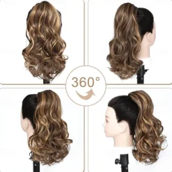 Drawstring Ponytail Hair Extension 16 Inch Synthetic Short Curly Wavy Fake Ponytail Extensions Natural Soft Clip in Ponytail Hairpieces for Women