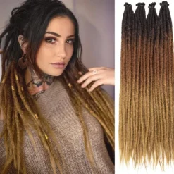 Dreadlock Extensions 24 Inch Synthetic Hippie Single Ended Dreads 15 Strands Ombre Brown 0.6 cm Width Loc Extensions Reggae Style Crochet Hair for Women