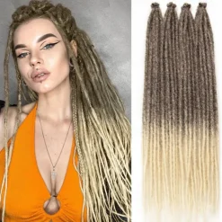 Dreadlock Extensions 24 Inch Synthetic Hippie Single Ended Dreads 15 Strands Ombre Brown 0.6 cm Width Loc Extensions Reggae Style Crochet Hair for Women