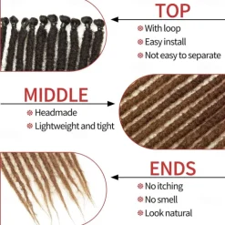 Dreadlock Extensions 24 Inch Synthetic Hippie Single Ended Dreads 15 Strands Ombre Brown 0.6 cm Width Loc Extensions Reggae Style Crochet Hair for Women