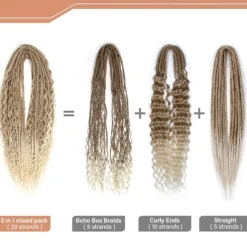 Dreadlock Extensions Double Ended 24 Inch 3 In 1 Mixed Light Brown to Blonde Dreads Set Synthetic Curly Ends Hippie Style Boho Wavy Dreads 20 Strands Handmade Dreads
