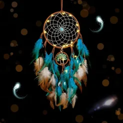 Dream Catcher for Wall Decor Blue Feather with Fairy Light Holiday Bedroom Home Wedding Decoration Birthday Party Blessing Gift