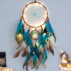 Dream Catcher for Wall Decor Blue Feather with Fairy Light Holiday Bedroom Home Wedding Decoration Birthday Party Blessing Gift
