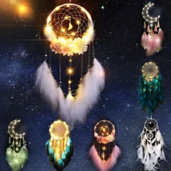 Dream Catcher LED Feather Light Creative Fairy Lamp Wall Hanging Holiday Decorations Bedroom Family Wedding Birthday Party Blessing Gift