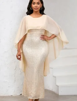 Dress Mother of the Bride Dress Elegant Crew Neck Floor Length Chiffon 3/4 Length Sleeve with Sequin