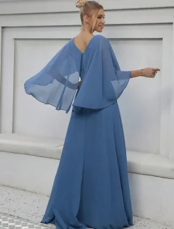 Dress Mother of the Bride Dress Elegant Party V Neck Floor Length Polyester Half Sleeve with Appliques