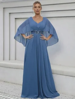 Dress Mother of the Bride Dress Elegant Party V Neck Floor Length Polyester Half Sleeve with Appliques