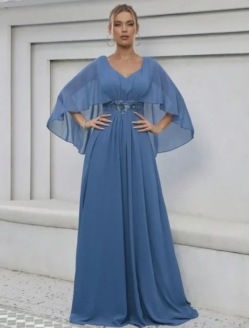 Dress Mother of the Bride Dress Elegant Party V Neck Floor Length Polyester Half Sleeve with Appliques