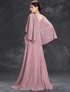 Dress Mother of the Bride Dress Elegant Party V Neck Floor Length Polyester Half Sleeve with Appliques