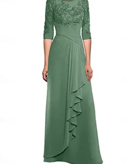 Dress Mother of the Bride Dress Elegant Crew Neck Floor Length Polyester 3/4 Length Sleeve with Solid Color