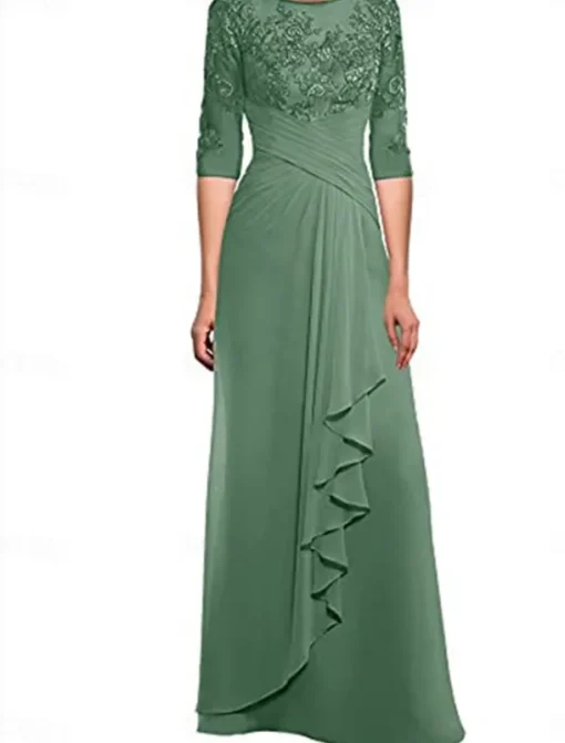 Dress Mother of the Bride Dress Elegant Crew Neck Floor Length Polyester 3/4 Length Sleeve with Solid Color