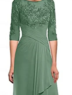 Dress Mother of the Bride Dress Elegant Crew Neck Floor Length Polyester 3/4 Length Sleeve with Solid Color