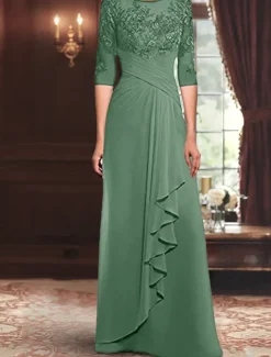 Dress Mother of the Bride Dress Elegant Crew Neck Floor Length Polyester 3/4 Length Sleeve with Solid Color