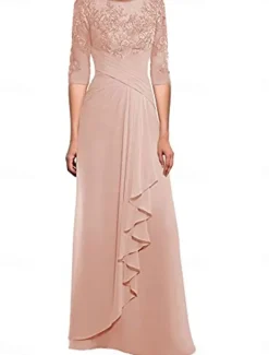 Dress Mother of the Bride Dress Elegant Crew Neck Floor Length Polyester 3/4 Length Sleeve with Solid Color