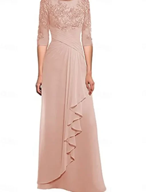 Dress Mother of the Bride Dress Elegant Crew Neck Floor Length Polyester 3/4 Length Sleeve with Solid Color