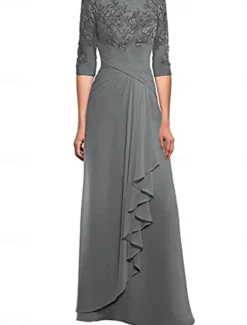 Dress Mother of the Bride Dress Elegant Crew Neck Floor Length Polyester 3/4 Length Sleeve with Solid Color