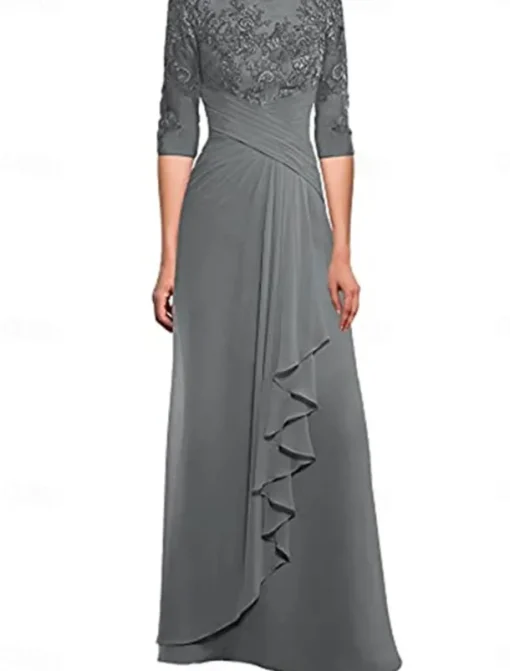 Dress Mother of the Bride Dress Elegant Crew Neck Floor Length Polyester 3/4 Length Sleeve with Solid Color