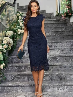 Dress Mother of the Bride Dress Elegant Party Minimalist Crew Neck Knee Length Spandex Sleeveless with Lace Solid Color