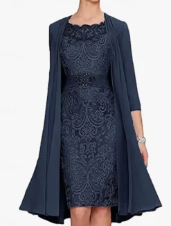 Dress SeMother of the Bride Dress Elegant Simple Crew Neck Knee Length Polyester Long Sleeve with Solid Color Graduation Dress