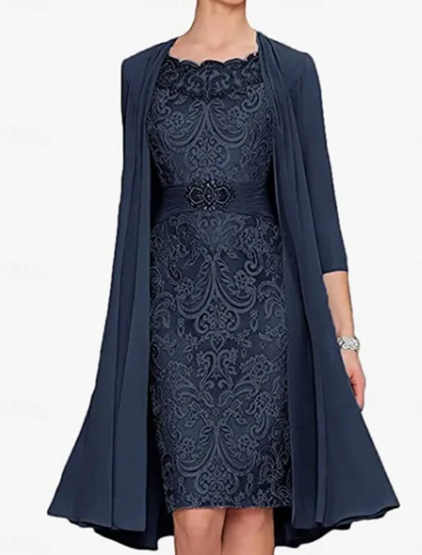Dress SeMother of the Bride Dress Elegant Simple Crew Neck Knee Length Polyester Long Sleeve with Solid Color Graduation Dress