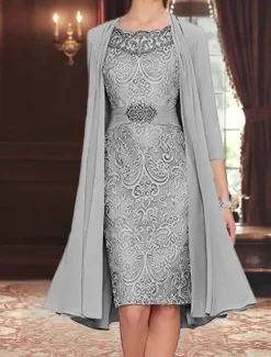 Dress SeMother of the Bride Dress Elegant Simple Crew Neck Knee Length Polyester Long Sleeve with Solid Color Graduation Dress