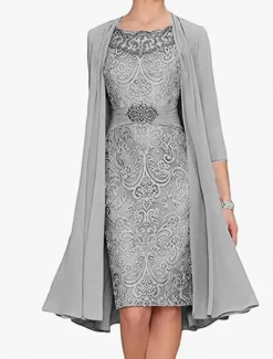 Dress SeMother of the Bride Dress Elegant Simple Crew Neck Knee Length Polyester Long Sleeve with Solid Color Graduation Dress