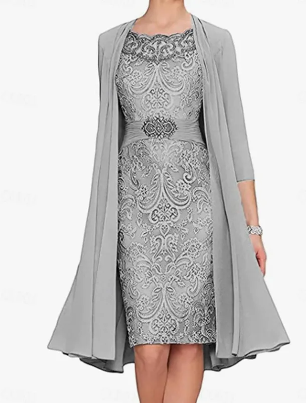 Dress SeMother of the Bride Dress Elegant Simple Crew Neck Knee Length Polyester Long Sleeve with Solid Color Graduation Dress