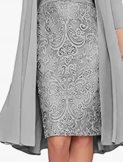 Dress SeMother of the Bride Dress Elegant Simple Crew Neck Knee Length Polyester Long Sleeve with Solid Color Graduation Dress