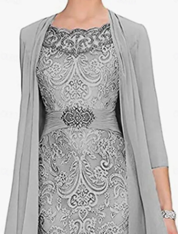Dress SeMother of the Bride Dress Elegant Simple Crew Neck Knee Length Polyester Long Sleeve with Solid Color Graduation Dress