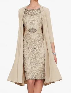 Dress SeMother of the Bride Dress Elegant Simple Crew Neck Knee Length Polyester Long Sleeve with Solid Color Graduation Dress