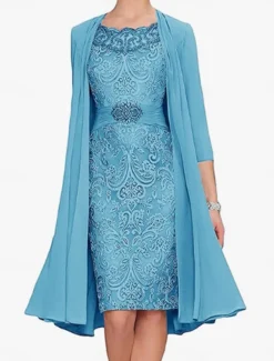 Dress SeMother of the Bride Dress Elegant Simple Crew Neck Knee Length Polyester Long Sleeve with Solid Color Graduation Dress