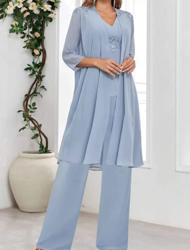 Dress Sets Mother of the Bride Dress Wedding Guest Elegant Simple V Neck Floor Length Polyester Long Sleeve with Solid Color