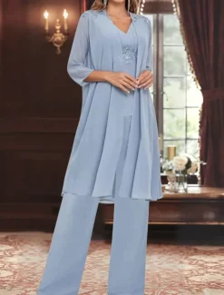 Dress Sets Mother of the Bride Dress Wedding Guest Elegant Simple V Neck Floor Length Polyester Long Sleeve with Solid Color