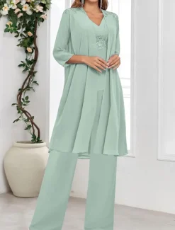 Dress Sets Mother of the Bride Dress Wedding Guest Elegant Simple V Neck Floor Length Polyester Long Sleeve with Solid Color