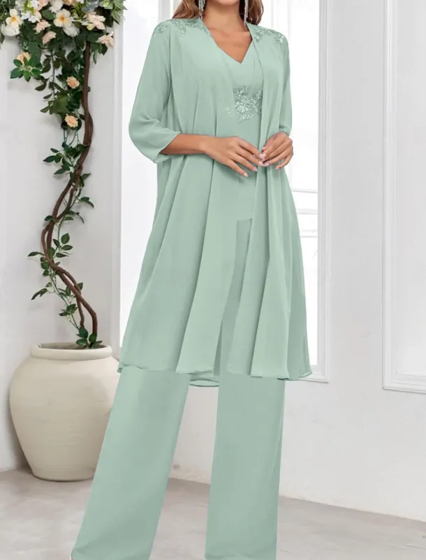 Dress Sets Mother of the Bride Dress Wedding Guest Elegant Simple V Neck Floor Length Polyester Long Sleeve with Solid Color