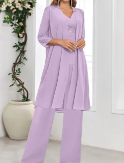 Dress Sets Mother of the Bride Dress Wedding Guest Elegant Simple V Neck Floor Length Polyester Long Sleeve with Solid Color