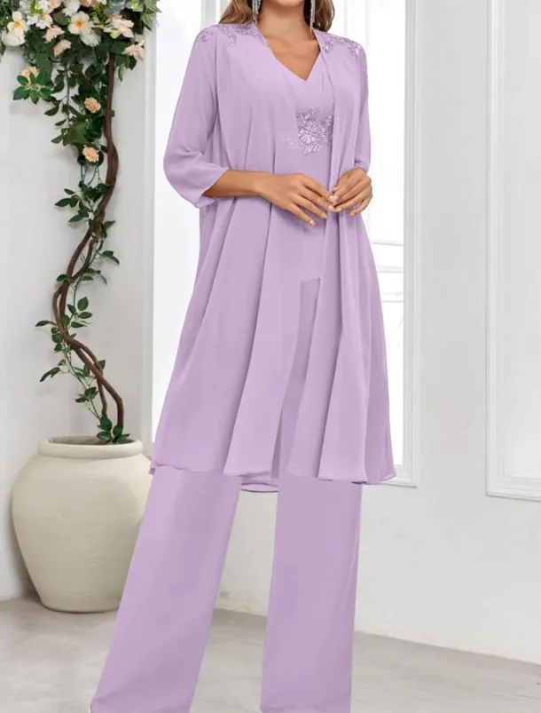 Dress Sets Mother of the Bride Dress Wedding Guest Elegant Simple V Neck Floor Length Polyester Long Sleeve with Solid Color