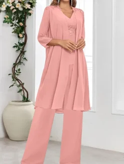Dress Sets Mother of the Bride Dress Wedding Guest Elegant Simple V Neck Floor Length Polyester Long Sleeve with Solid Color