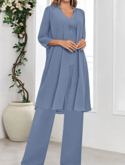 Dress Sets Mother of the Bride Dress Wedding Guest Elegant Simple V Neck Floor Length Polyester Long Sleeve with Solid Color