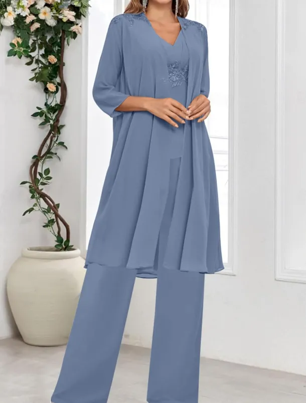 Dress Sets Mother of the Bride Dress Wedding Guest Elegant Simple V Neck Floor Length Polyester Long Sleeve with Solid Color