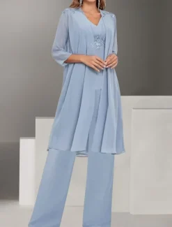 Dress Sets Mother of the Bride Dress Wedding Guest Elegant Simple V Neck Floor Length Polyester Long Sleeve with Solid Color