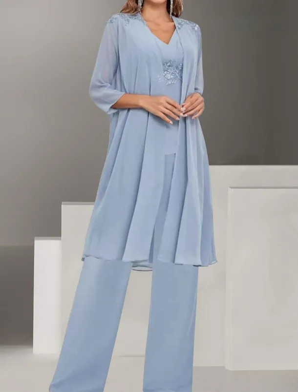Dress Sets Mother of the Bride Dress Wedding Guest Elegant Simple V Neck Floor Length Polyester Long Sleeve with Solid Color