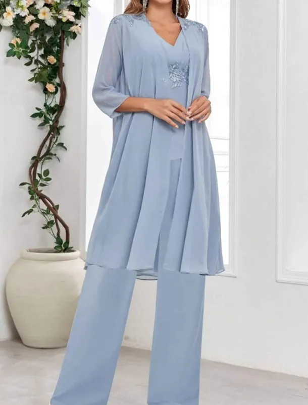 Dress Sets Mother of the Bride Dress Wedding Guest Elegant Simple V Neck Floor Length Polyester Long Sleeve with Solid Color
