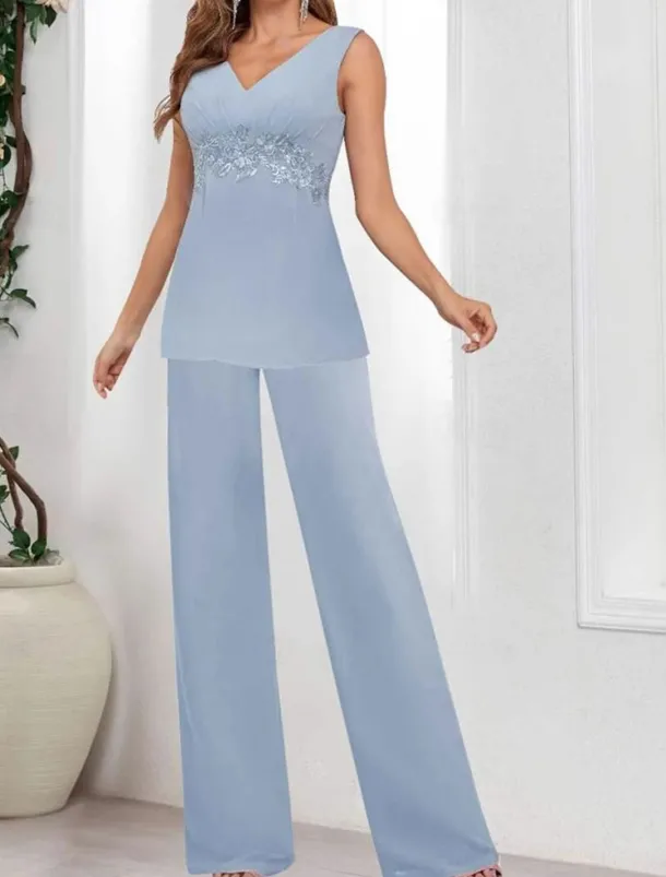 Dress Sets Mother of the Bride Dress Wedding Guest Elegant Simple V Neck Floor Length Polyester Long Sleeve with Solid Color