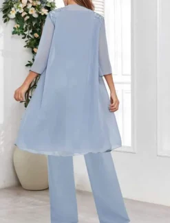 Dress Sets Mother of the Bride Dress Wedding Guest Elegant Simple V Neck Floor Length Polyester Long Sleeve with Solid Color