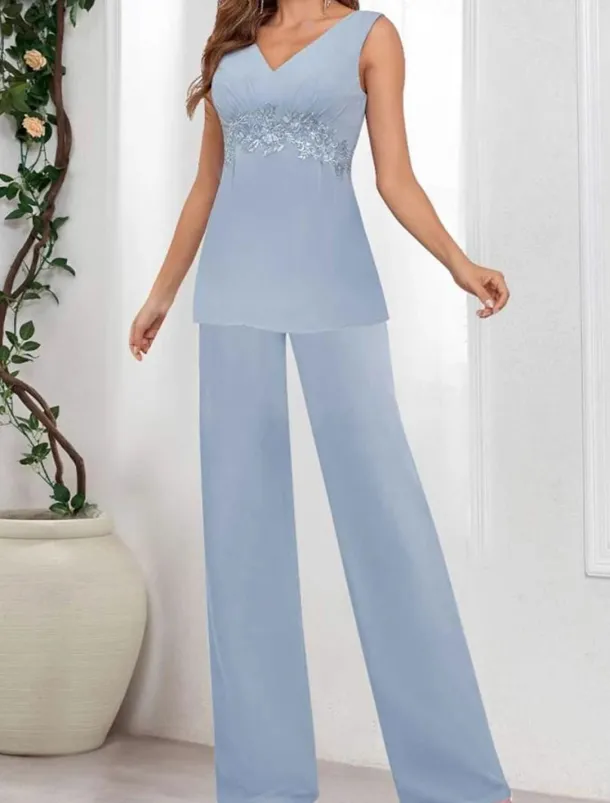 Dress Sets Mother of the Bride Dress Wedding Guest Elegant Simple V Neck Floor Length Polyester Long Sleeve with Solid Color