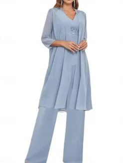 Dress Sets Mother of the Bride Dress Wedding Guest Elegant Simple V Neck Floor Length Polyester Long Sleeve with Solid Color