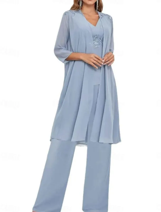 Dress Sets Mother of the Bride Dress Wedding Guest Elegant Simple V Neck Floor Length Polyester Long Sleeve with Solid Color