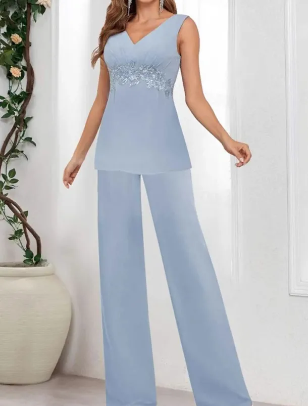 Dress Sets Mother of the Bride Dress Wedding Guest Elegant Simple V Neck Floor Length Polyester Long Sleeve with Solid Color